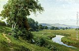 An Extensive River Landscape With A Young Girl Balancing On A Gate by Harry Sutton Palmer